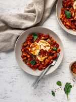 White Beans in Tomato Sauce with Grilled Halloumi