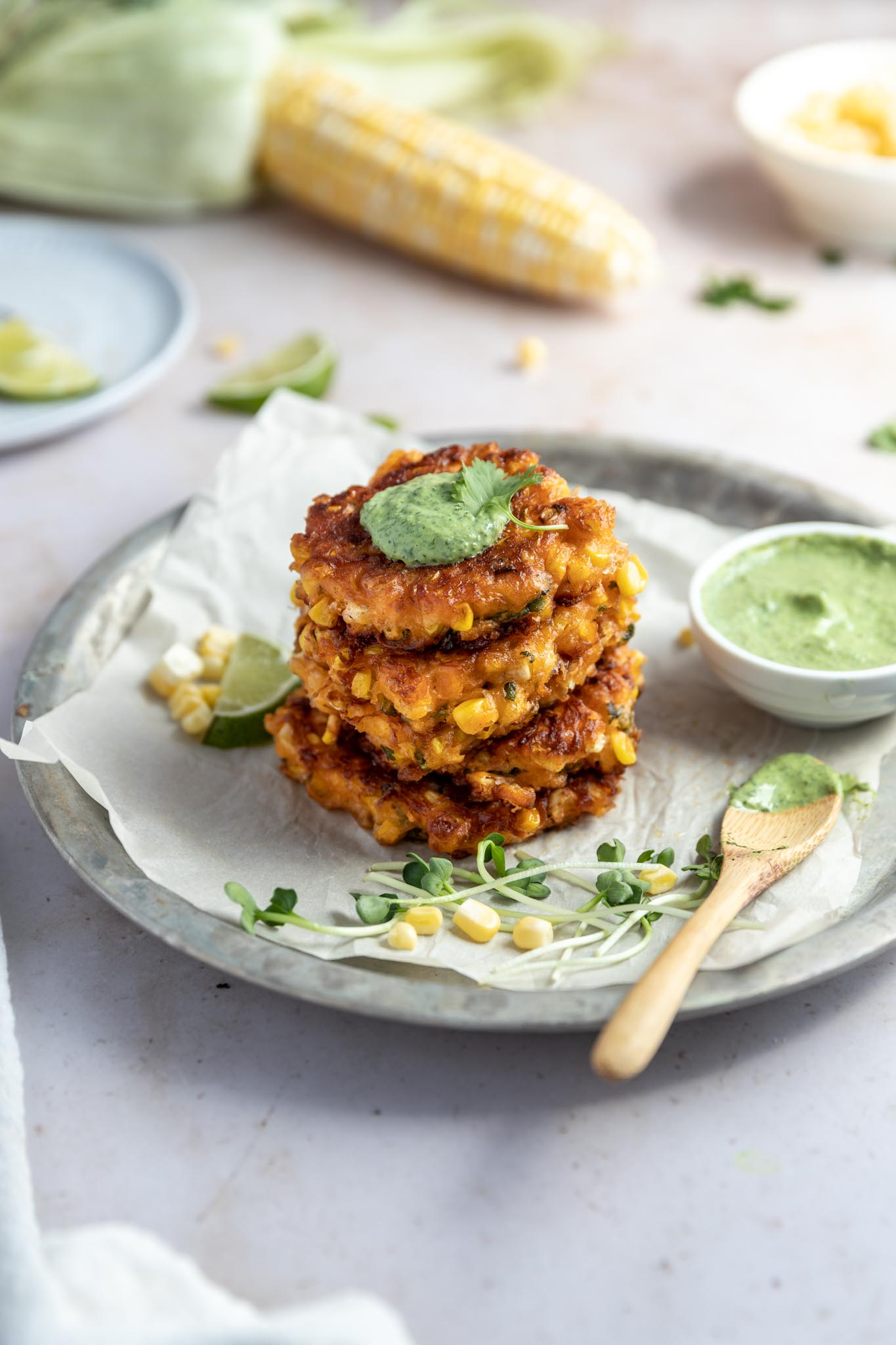 Cheesy Corn Fritters With Coriander Sauce Dash Of Honey