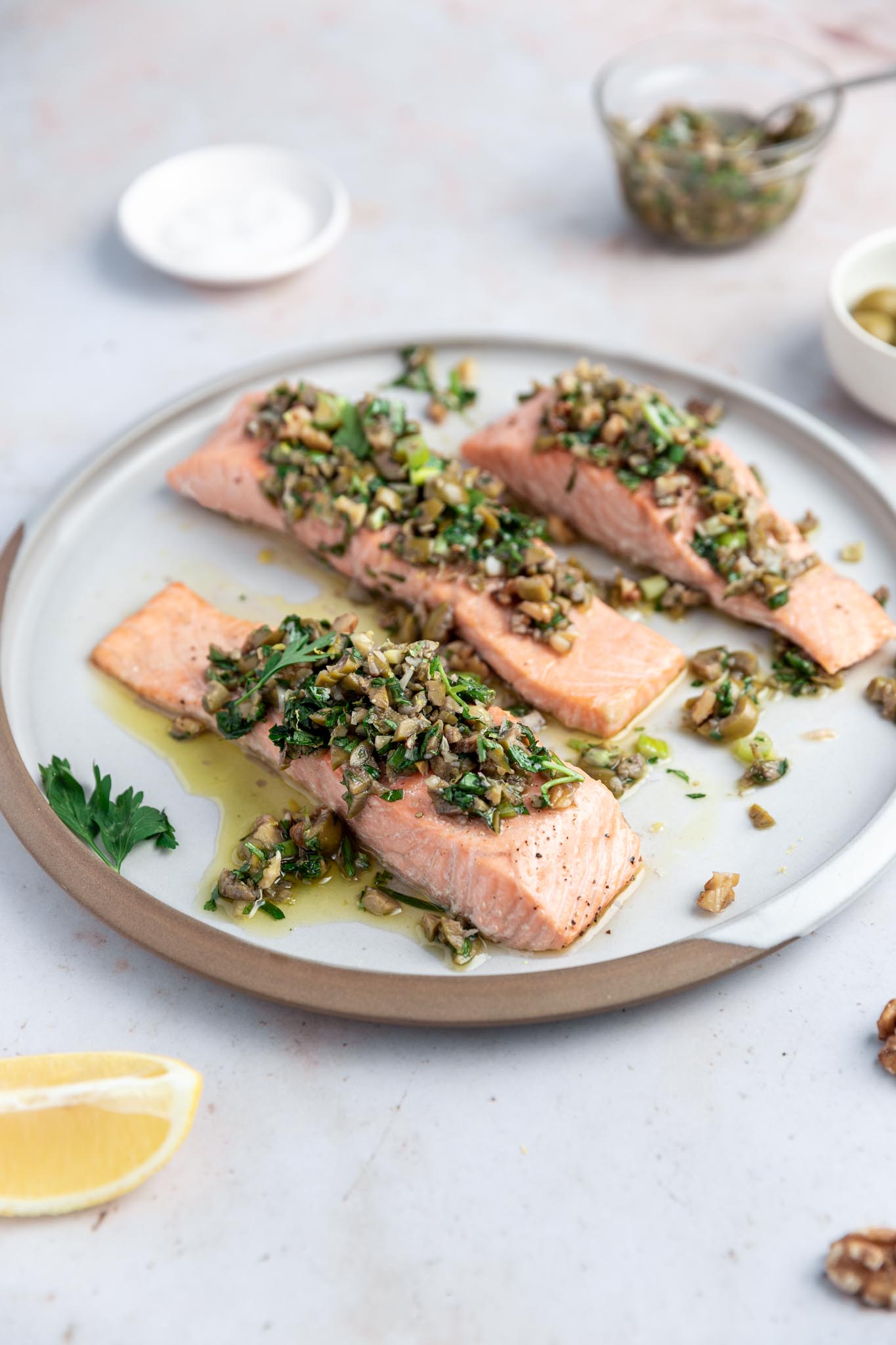 Salmon Filet with Green Olive & Walnut Salsa - Dash of Honey